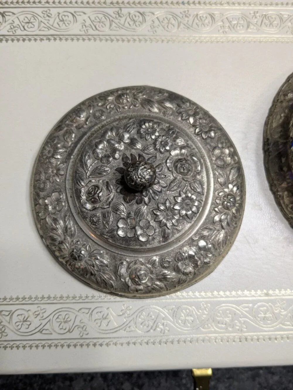 Antique Pewter Repousse Salt Cellar Box 5
